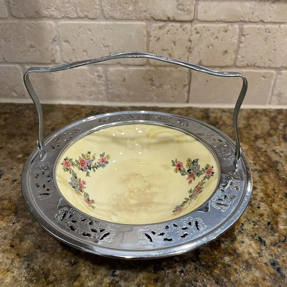 VTG‎ Sebring Pottery Gold Maize Bowl 6.5 Inch Farberware Metal Caddy Fold Handle